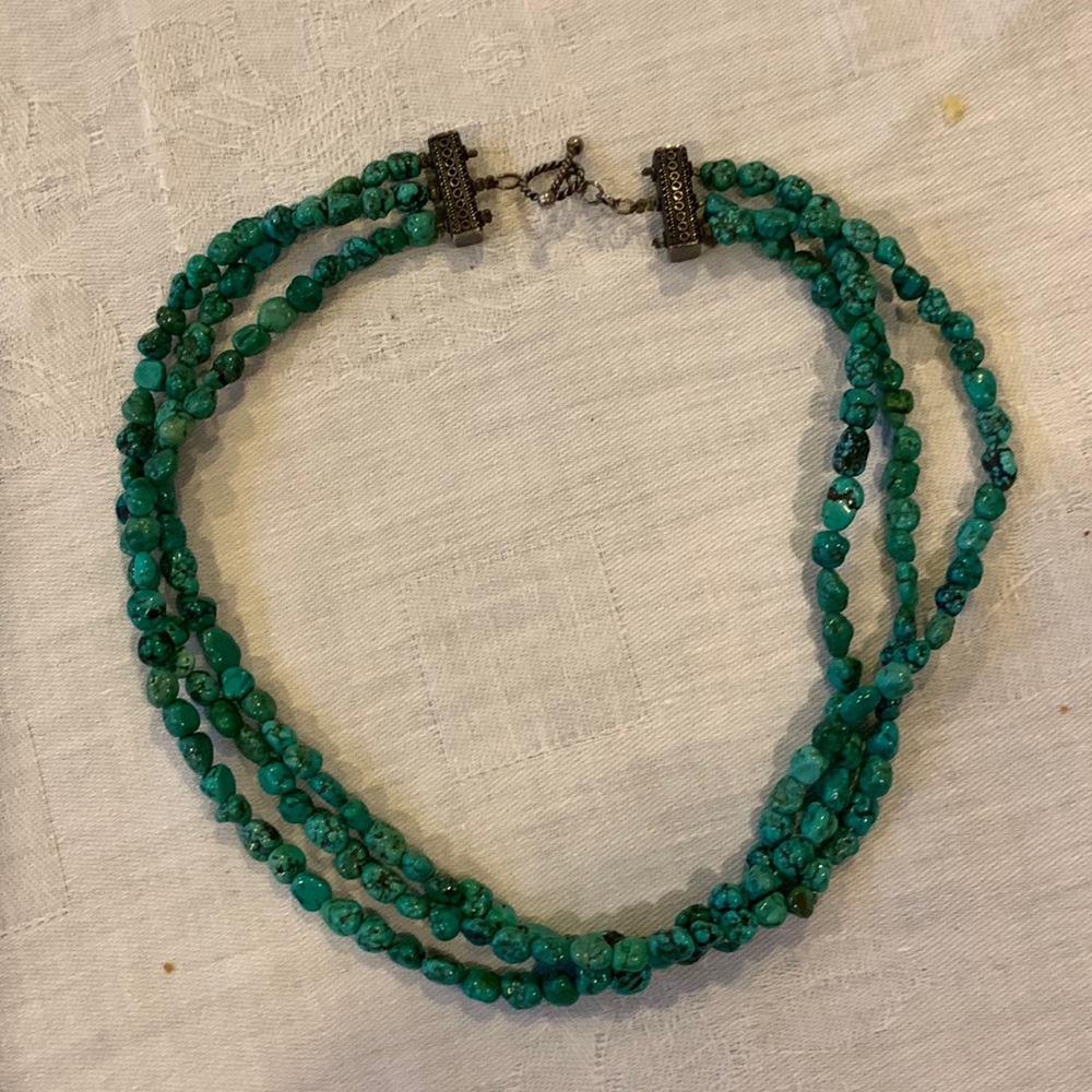 Authentic natural cut turquoise 3 strand 14’ necklace